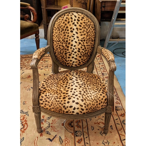 176 - CHILD'S FAUTEUIL, 53cm x 78cm H, Louis XVI and later grey painted leopard print upholstery.