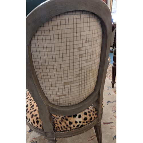 176 - CHILD'S FAUTEUIL, 53cm x 78cm H, Louis XVI and later grey painted leopard print upholstery.