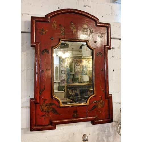 177 - WALL MIRROR, 48cm x 68cm H, Chinese red lacquer with figural detail and an early 20th century walnut... 