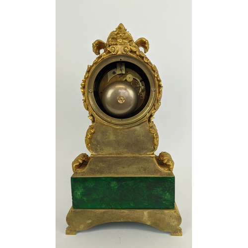 10 - MANTEL CLOCK, early 19th century French ormolu, ornately chased with faux malachite base signed mech... 