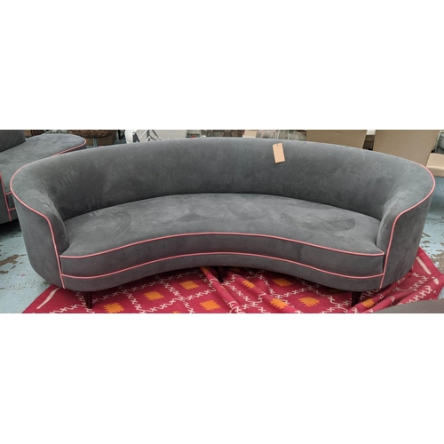 641 - SOFA, 1950's Italian style, grey upholstered with contrasting pink piping, 250cm W approx.