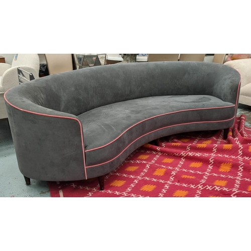 641 - SOFA, 1950's Italian style, grey upholstered with contrasting pink piping, 250cm W approx.