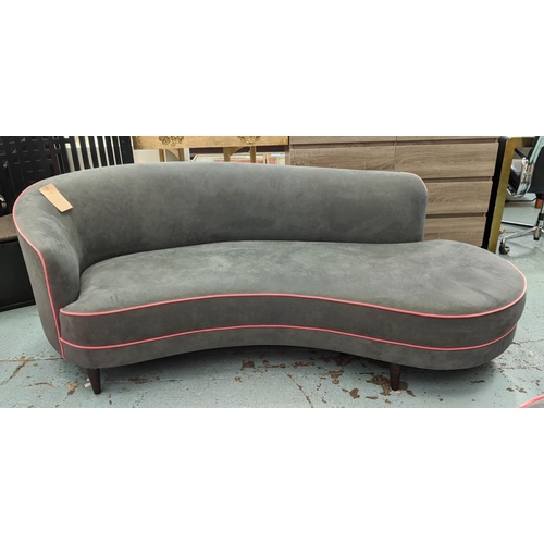 642 - SOFA, 1950's Italian style, grey upholstered with contrasting pink piping, 220cm W approx.