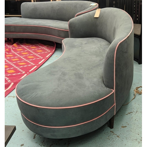 642 - SOFA, 1950's Italian style, grey upholstered with contrasting pink piping, 220cm W approx.