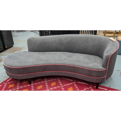 643 - SOFA, 1950's Italian style, grey upholstered with contrasting pink piping, 220cm W approx.