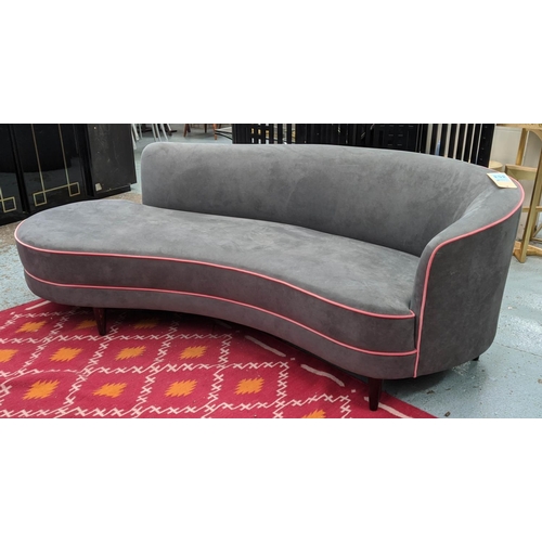 643 - SOFA, 1950's Italian style, grey upholstered with contrasting pink piping, 220cm W approx.