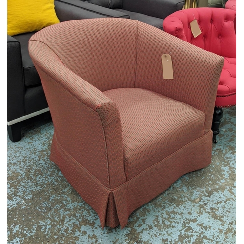 640 - TUB ARMCHAIR, 77cm W, patterned red fabric upholstered.