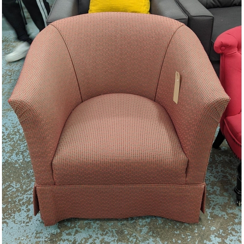 640 - TUB ARMCHAIR, 77cm W, patterned red fabric upholstered.