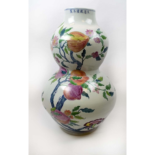 1 - CHINESE DOUBLE GOURD VASE, of substantial size, peach blossom design painted ceramic, 81cm H.