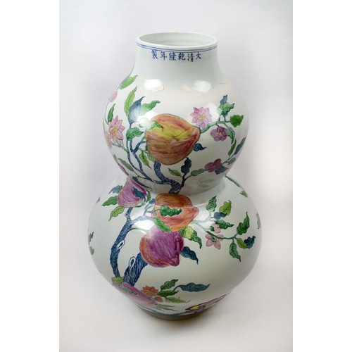 1 - CHINESE DOUBLE GOURD VASE, of substantial size, peach blossom design painted ceramic, 81cm H.