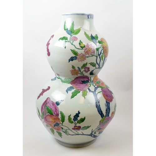 1 - CHINESE DOUBLE GOURD VASE, of substantial size, peach blossom design painted ceramic, 81cm H.