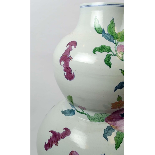 1 - CHINESE DOUBLE GOURD VASE, of substantial size, peach blossom design painted ceramic, 81cm H.