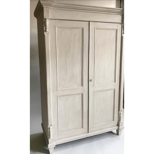 112 - ARMOIRE, 19th century French grey painted with two doors enclosing hanging space, 193cm H x 130cm x ... 