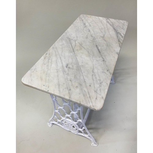 115 - CONSERVATORY TABLE, Victorian Carrara marble on associated cast iron twin pierced trestle supports, ... 