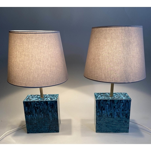 116 - TABLE LAMPS, a pair, 1970's studio blue slipware with shades, 72cm H. (2)