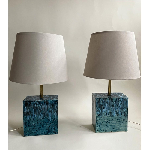 116 - TABLE LAMPS, a pair, 1970's studio blue slipware with shades, 72cm H. (2)