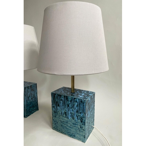 116 - TABLE LAMPS, a pair, 1970's studio blue slipware with shades, 72cm H. (2)