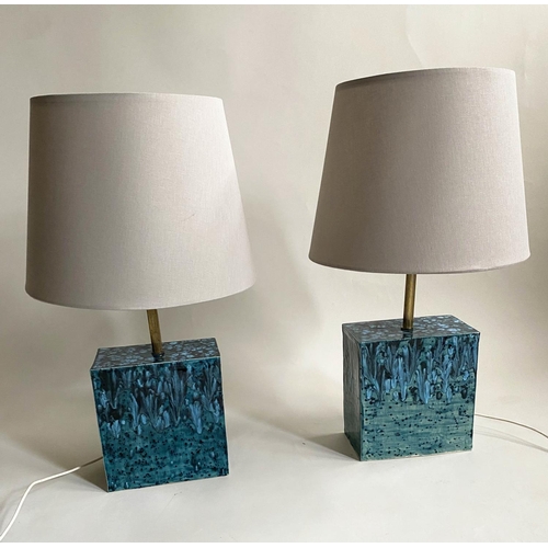 116 - TABLE LAMPS, a pair, 1970's studio blue slipware with shades, 72cm H. (2)