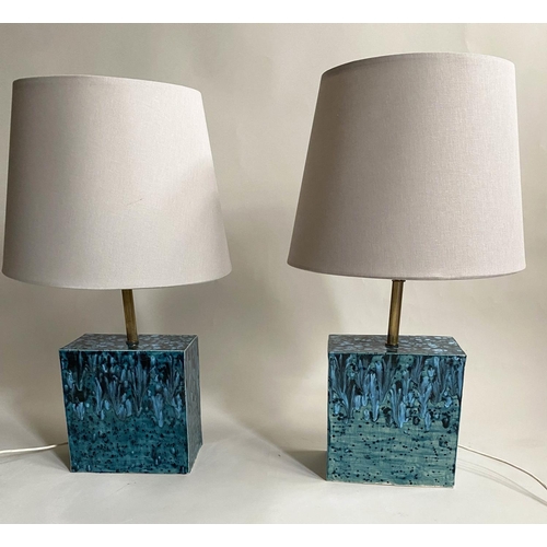 116 - TABLE LAMPS, a pair, 1970's studio blue slipware with shades, 72cm H. (2)