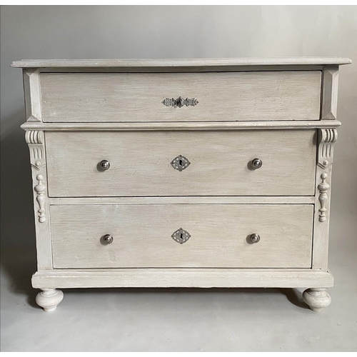 117 - COMMODE, 19th century French grey painted with three long drawers, 103cm x 55cm x 88cm H.