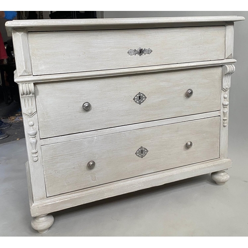 117 - COMMODE, 19th century French grey painted with three long drawers, 103cm x 55cm x 88cm H.