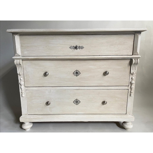 117 - COMMODE, 19th century French grey painted with three long drawers, 103cm x 55cm x 88cm H.