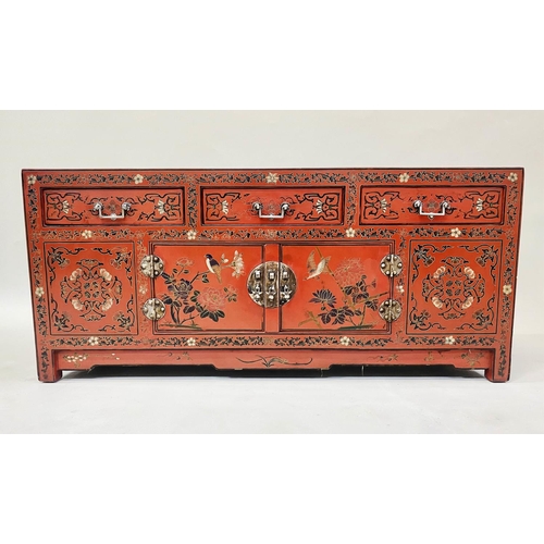 118 - LOW CHINESE SIDE CABINET, early 20th century scarlet lacquered with incised decoration, two cupboard... 