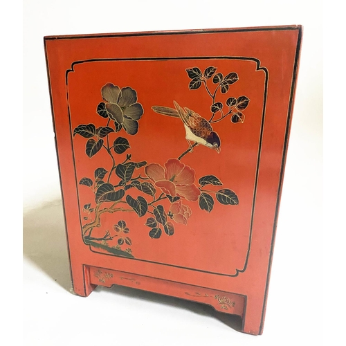 118 - LOW CHINESE SIDE CABINET, early 20th century scarlet lacquered with incised decoration, two cupboard... 