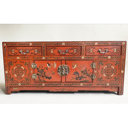 118 - LOW CHINESE SIDE CABINET, early 20th century scarlet lacquered with incised decoration, two cupboard... 