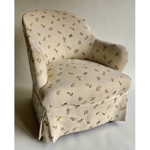 119 - ARMCHAIR, Victorian with woven spring flower upholstery, 66cm W.