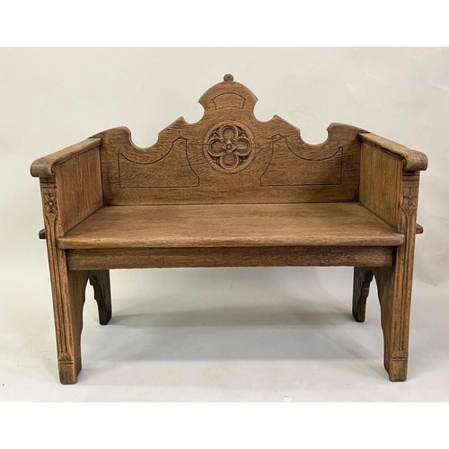 157 - WINDOW SEAT, New England style pale oak with raised carved back and scroll arms, 105cm x 95cm x 53cm... 