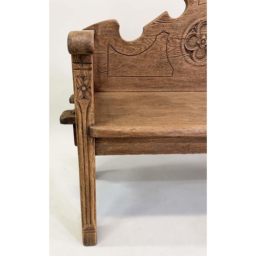 157 - WINDOW SEAT, New England style pale oak with raised carved back and scroll arms, 105cm x 95cm x 53cm... 