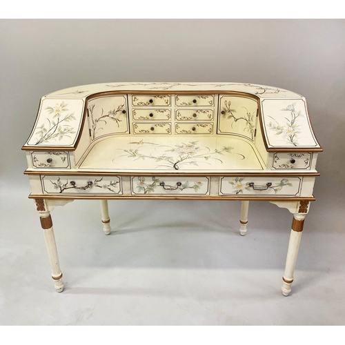 160 - CARLTON HOUSE DESK, 1950's style cream and gilt lacquered with drawers, cupboards and hand painting,... 