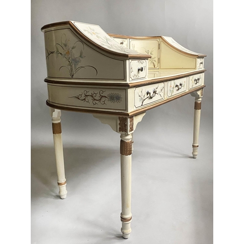 160 - CARLTON HOUSE DESK, 1950's style cream and gilt lacquered with drawers, cupboards and hand painting,... 