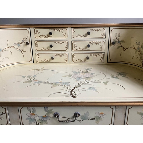 160 - CARLTON HOUSE DESK, 1950's style cream and gilt lacquered with drawers, cupboards and hand painting,... 