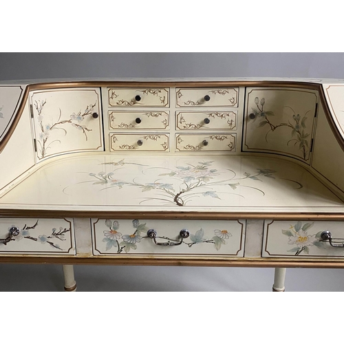 160 - CARLTON HOUSE DESK, 1950's style cream and gilt lacquered with drawers, cupboards and hand painting,... 