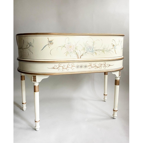 160 - CARLTON HOUSE DESK, 1950's style cream and gilt lacquered with drawers, cupboards and hand painting,... 