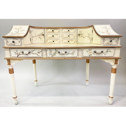 160 - CARLTON HOUSE DESK, 1950's style cream and gilt lacquered with drawers, cupboards and hand painting,... 