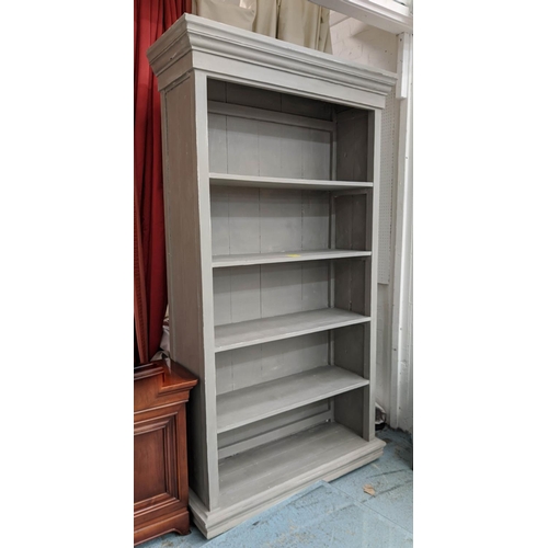 166 - OPEN BOOKCASE, 111cm W x 40cm D x 203cm L, distressed grey painted.