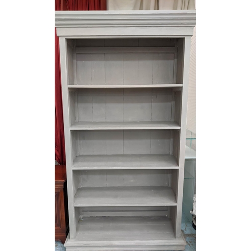 166 - OPEN BOOKCASE, 111cm W x 40cm D x 203cm L, distressed grey painted.