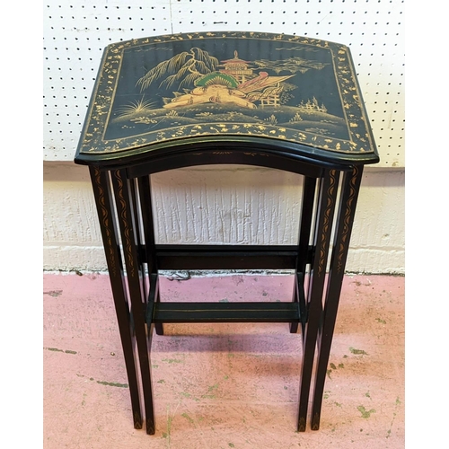 190 - NEST OF TWO TABLES, largest 38cm x 33cm x 68cm H, circa 1920, black and gilt Chinoiserie design. (2)