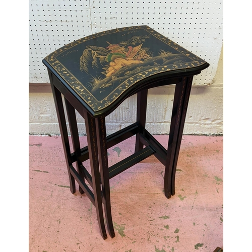 190 - NEST OF TWO TABLES, largest 38cm x 33cm x 68cm H, circa 1920, black and gilt Chinoiserie design. (2)