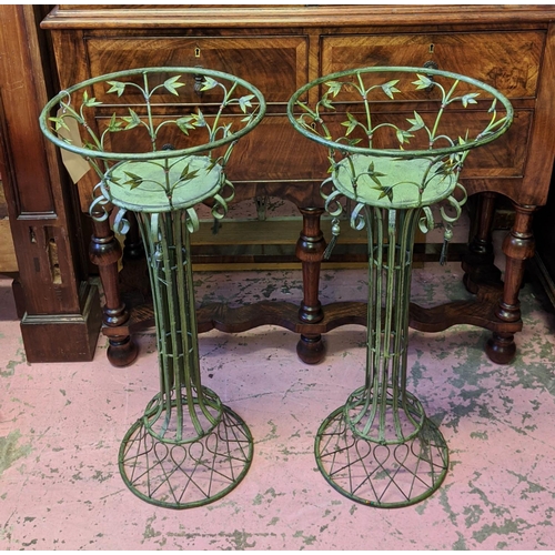 192 - METAL JARDINIERES, a pair, each 81cm H, in a verdigris finish of recent manufacture. (2)