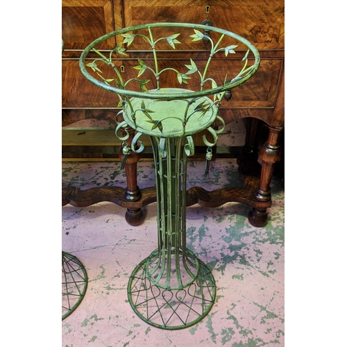 192 - METAL JARDINIERES, a pair, each 81cm H, in a verdigris finish of recent manufacture. (2)