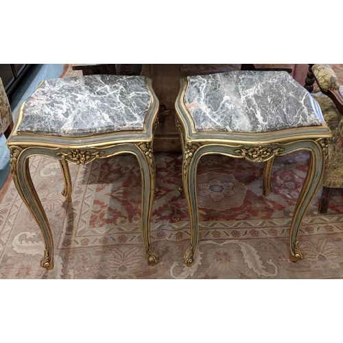 193 - SIDE TABLES, a pair, each 52cm sq. x 66cm H, Louis XV style with grey marble tops on green and gilt ... 