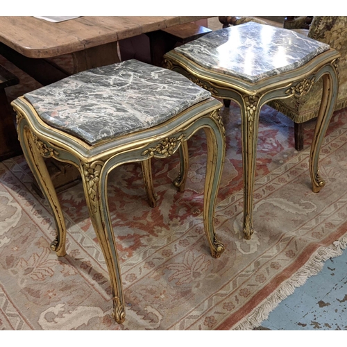 193 - SIDE TABLES, a pair, each 52cm sq. x 66cm H, Louis XV style with grey marble tops on green and gilt ... 