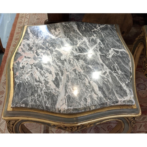 193 - SIDE TABLES, a pair, each 52cm sq. x 66cm H, Louis XV style with grey marble tops on green and gilt ... 