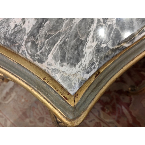 193 - SIDE TABLES, a pair, each 52cm sq. x 66cm H, Louis XV style with grey marble tops on green and gilt ... 