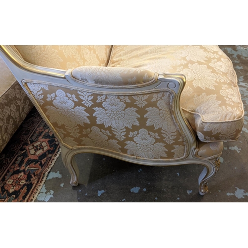 195 - CANAPE, 151cm W x 100cm H, Louis XV style in gold damask with gilt and cream showframe.