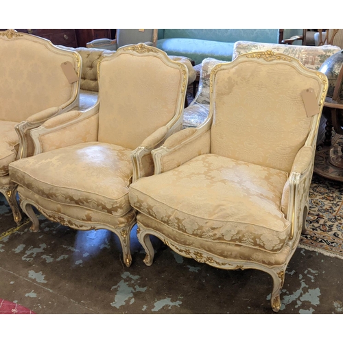 196 - BERGERES, a pair to match previous lot, each 77cm W x 100cm, gold damask with gilt and cream showfra... 